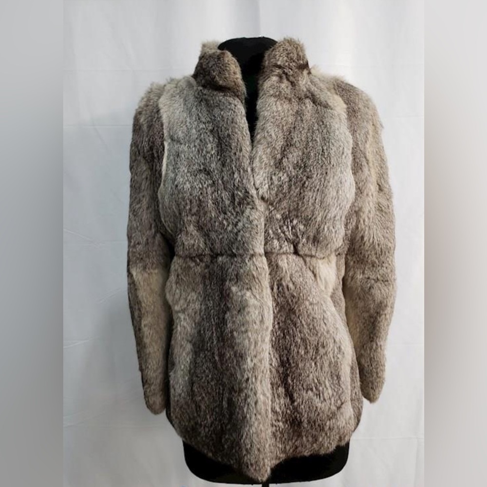 Women's Brown Rabbit Fur Mock Neck Long Sleeve Lined Coat Size 12